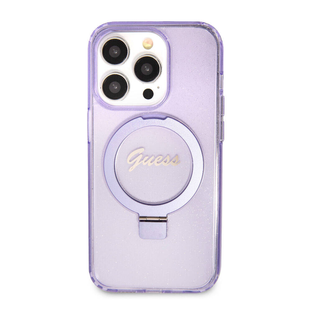 Apple iPhone 15 Pro Case Guess Original Licensed M-safe Charging Feature Glittery Back Surface Ring Stand Cover Colorless 