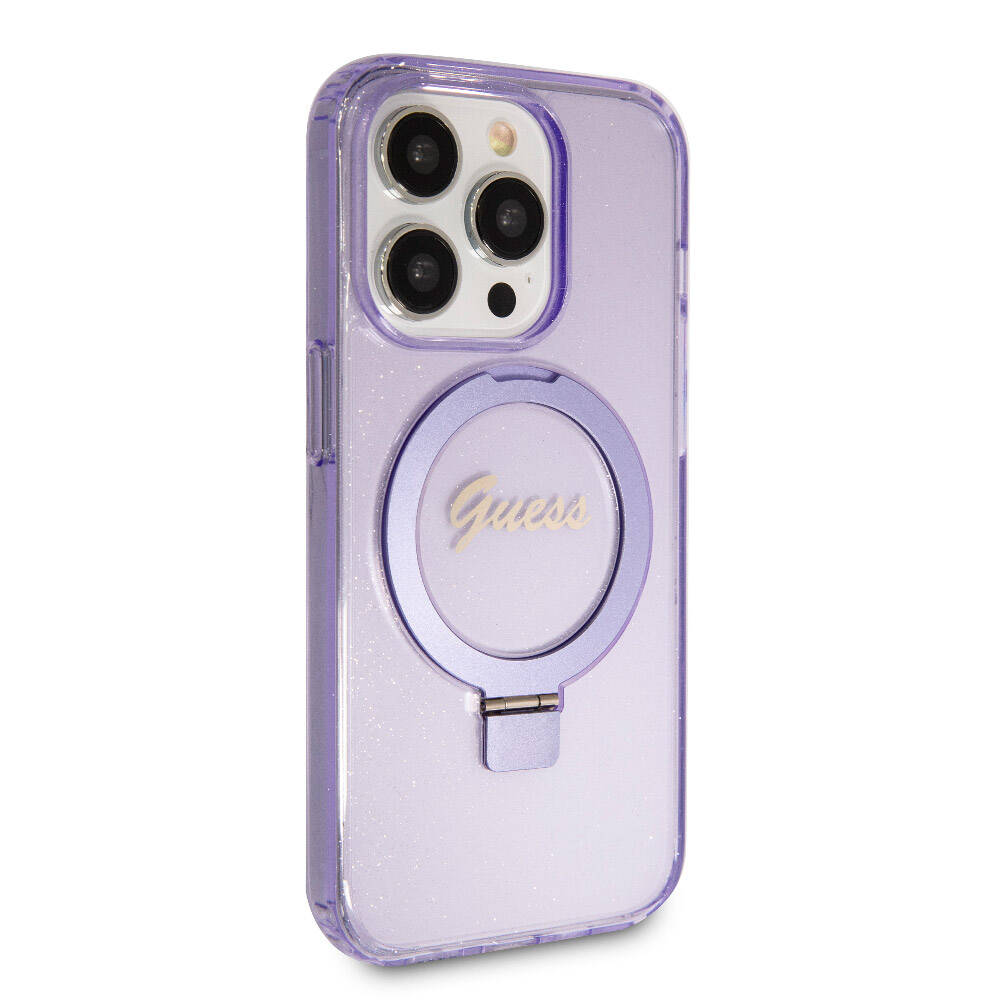 Apple iPhone 15 Pro Case Guess Original Licensed M-safe Charging Feature Glitter Back Surface Ring Stand Cover Pink 