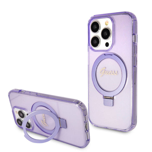 Apple iPhone 15 Pro Case Guess Original Licensed M-safe Charging Feature Glitter Back Surface Ring Stand Cover Purple 