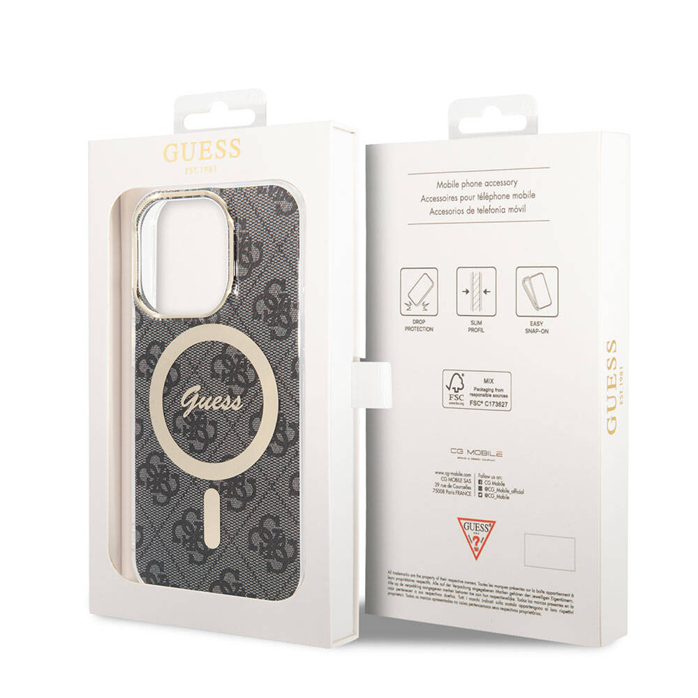 Apple iPhone 15 Pro Case Guess Original Licensed M-safe Charging Feature 4G Patterned Cover with Text Logo Brown