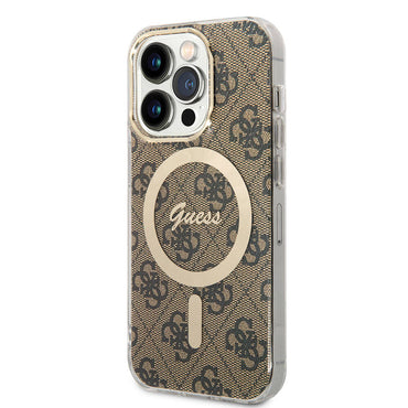 Apple iPhone 15 Pro Case Guess Original Licensed M-safe Charging Feature 4G Patterned Cover with Text Logo Brown