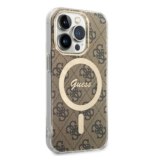 Apple iPhone 15 Pro Case Guess Original Licensed M-safe Charging Feature 4G Patterned Cover with Text Logo Brown