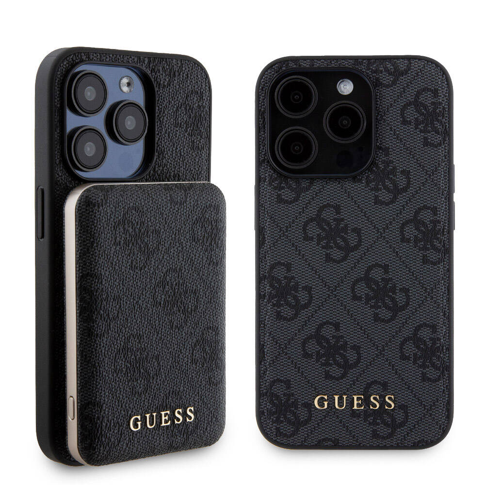 Apple iPhone 15 Pro Case Guess Original Licensed M-safe Charging Feature Text Logo 4G Patterned Cover + Powerbank 5000mAh 2in1 Set Black 