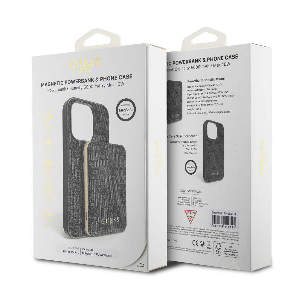 Apple iPhone 15 Pro Case Guess Original Licensed M-safe Charging Feature Text Logo 4G Patterned Cover + Powerbank 5000mAh 2in1 Set Black 