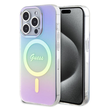 Apple iPhone 15 Pro Case Guess Original Licensed M-safe Charging Feature Iridescent Cover Purple with Text Logo