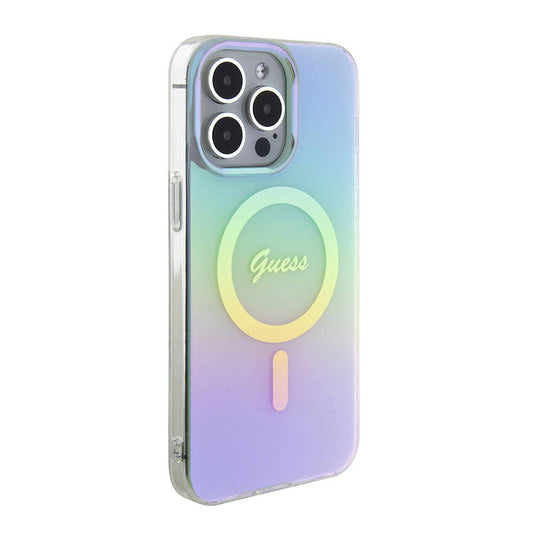 Apple iPhone 15 Pro Case Guess Original Licensed M-safe Charging Feature Iridescent Cover Turquoise with Text Logo