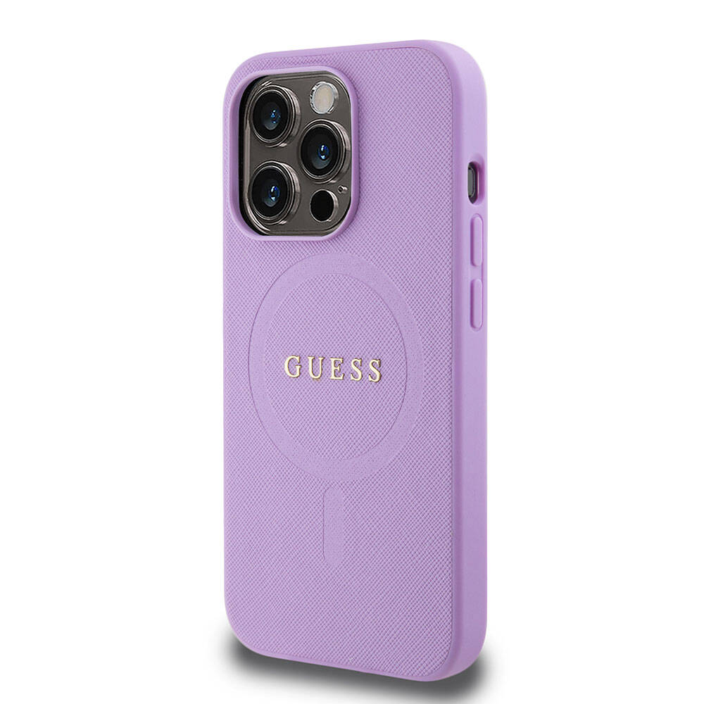 Apple iPhone 15 Pro Case Guess Original Licensed M-safe Charging Feature Text Logo Saffiano Cover Purple 