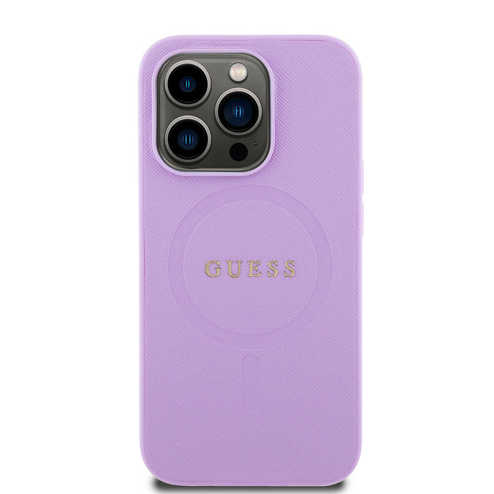 Apple iPhone 15 Pro Case Guess Original Licensed M-safe Charging Feature Text Logo Saffiano Cover Purple 
