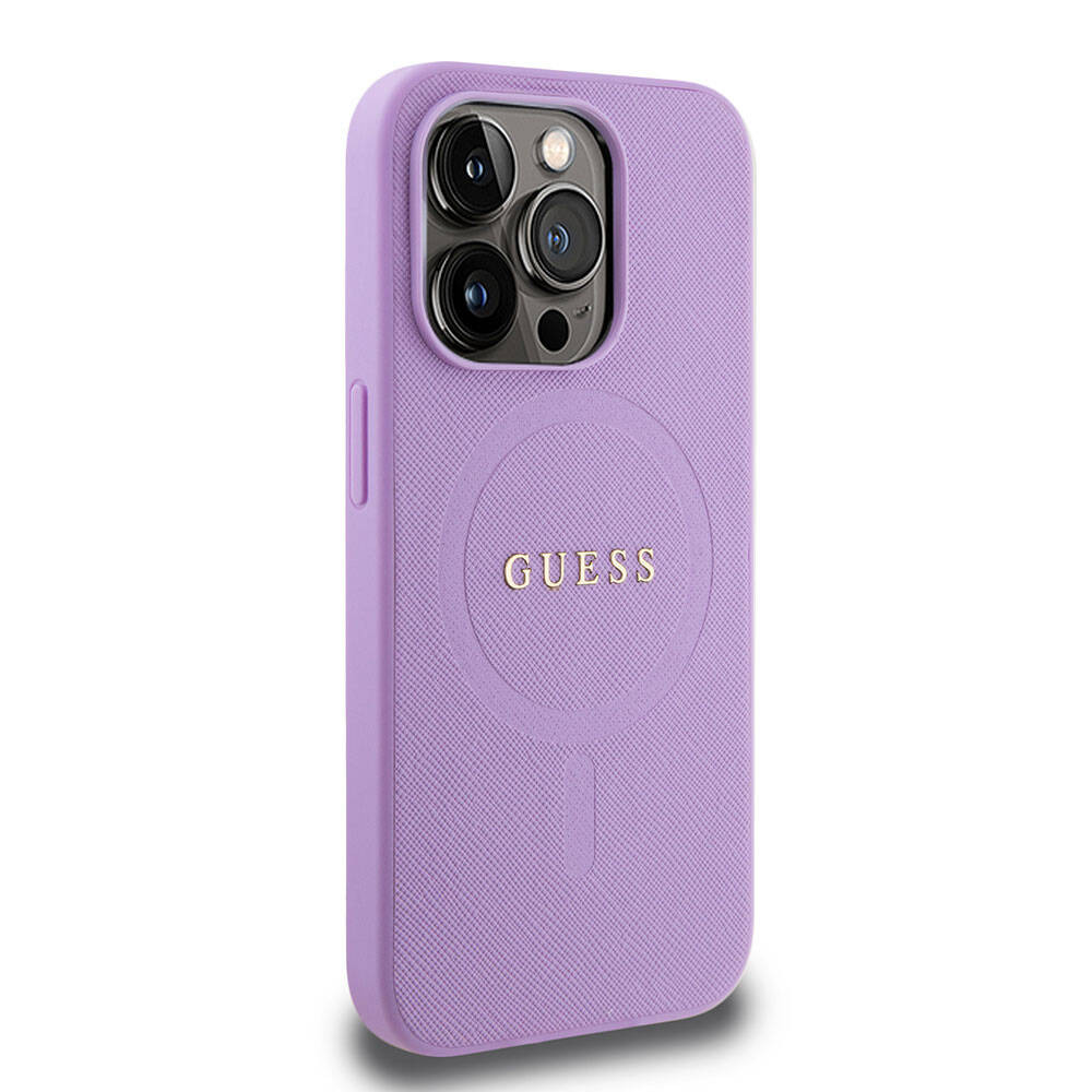 Apple iPhone 15 Pro Case Guess Original Licensed M-safe Charging Feature Text Logo Saffiano Cover Purple 