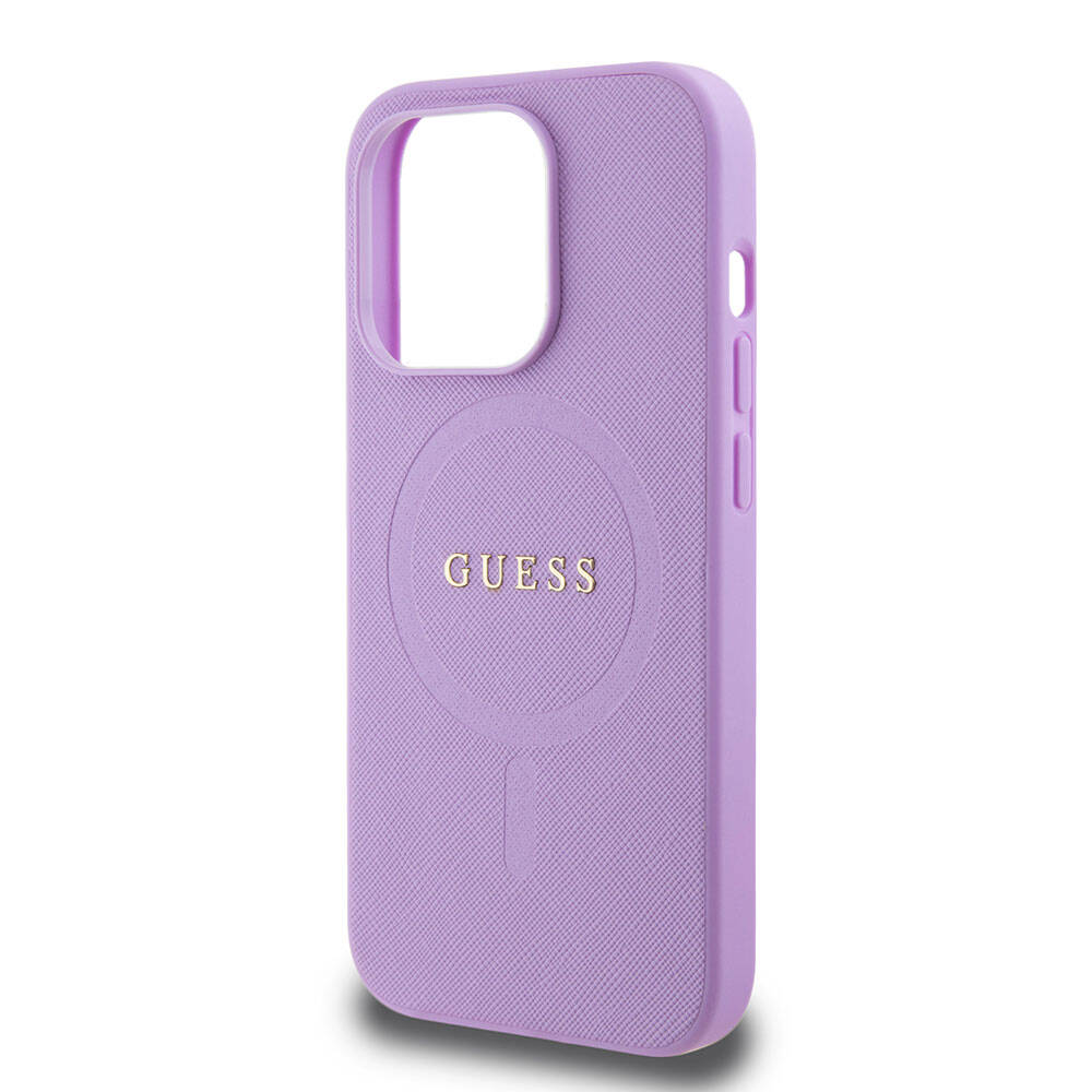 Apple iPhone 15 Pro Case Guess Original Licensed M-safe Charging Feature Text Logo Saffiano Cover Purple 