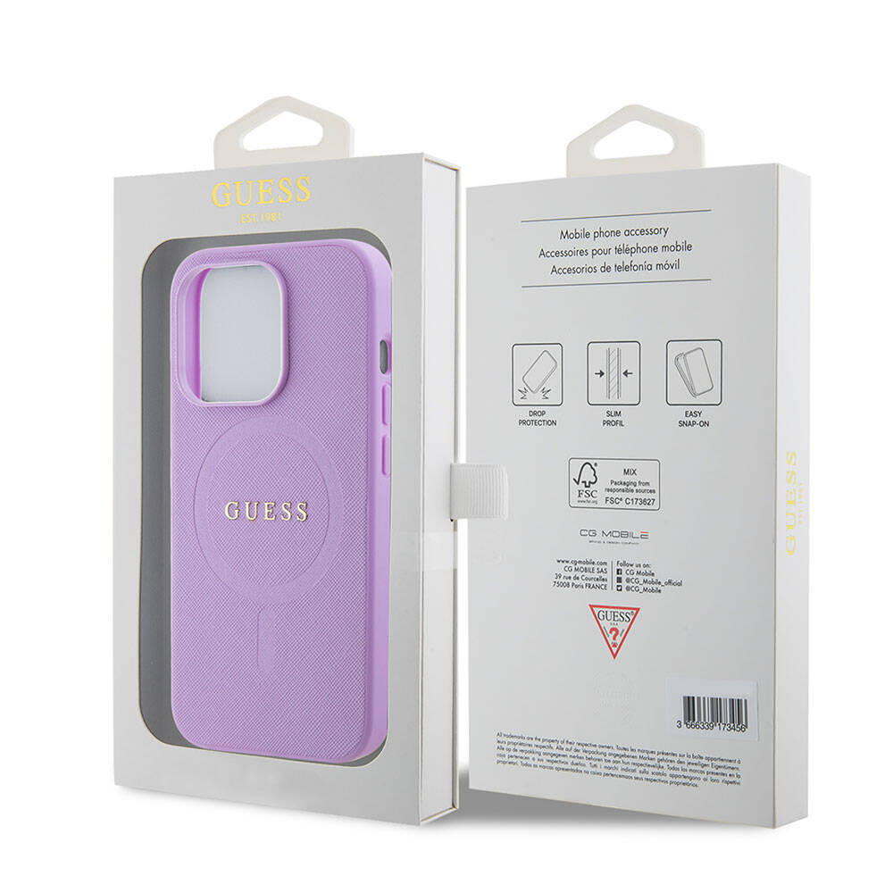 Apple iPhone 15 Pro Case Guess Original Licensed M-safe Charging Feature Text Logo Saffiano Cover Purple 