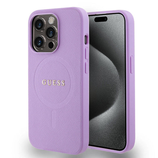 Apple iPhone 15 Pro Case Guess Original Licensed M-safe Charging Feature Text Logo Saffiano Cover Purple 