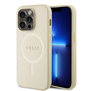 Apple iPhone 15 Pro Case Guess Original Licensed M-safe Charging Feature Saffiano Cover Cream with Text Logo
