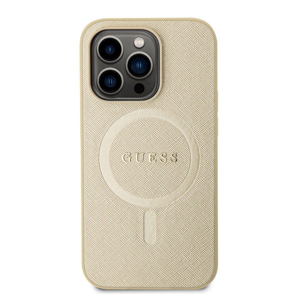 Apple iPhone 15 Pro Case Guess Original Licensed M-safe Charging Feature Saffiano Cover Black with Text Logo