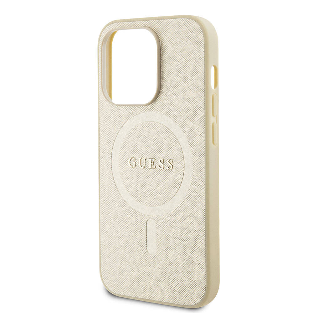 Apple iPhone 15 Pro Case Guess Original Licensed M-safe Charging Feature Saffiano Cover Black with Text Logo
