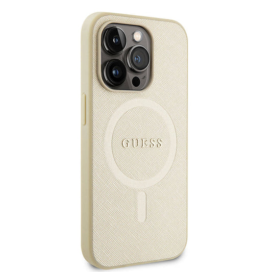Apple iPhone 15 Pro Case Guess Original Licensed M-safe Charging Feature Saffiano Cover Cream with Text Logo