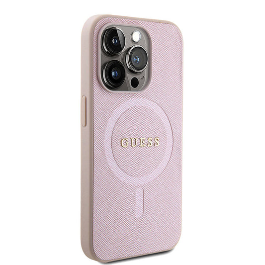 Apple iPhone 15 Pro Case Guess Original Licensed M-safe Charging Feature Text Logo Saffiano Cover Pink