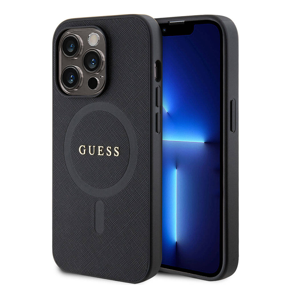 Apple iPhone 15 Pro Case Guess Original Licensed M-safe Charging Feature Saffiano Cover Black with Text Logo