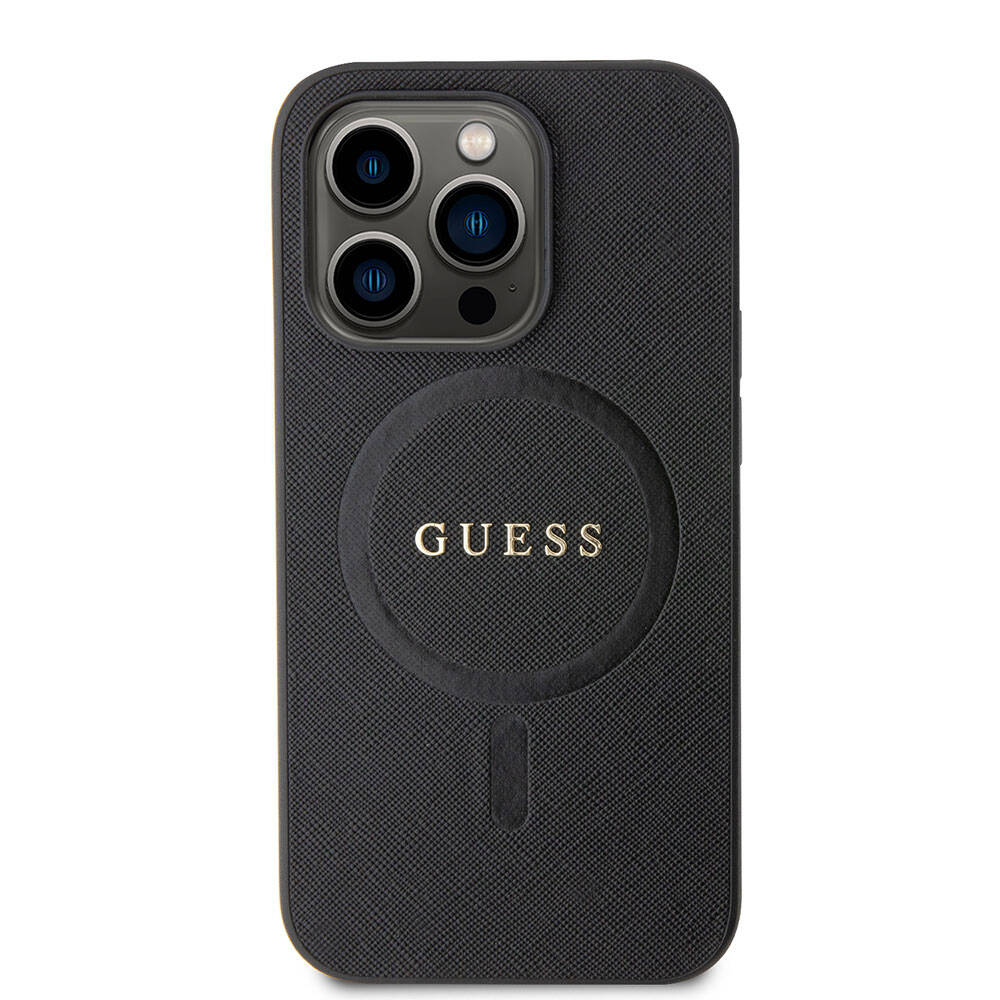 Apple iPhone 15 Pro Case Guess Original Licensed M-safe Charging Feature Saffiano Cover Black with Text Logo