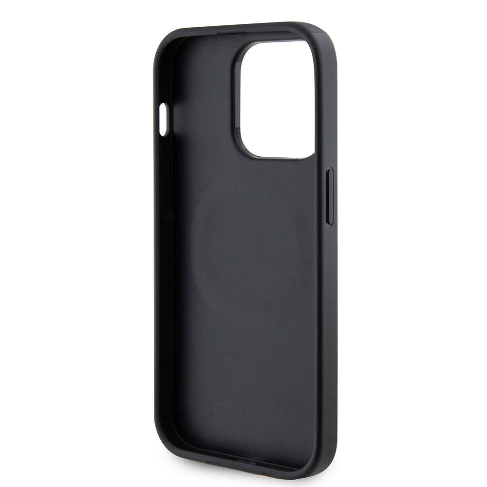 Apple iPhone 15 Pro Case Guess Original Licensed M-safe Charging Feature Saffiano Cover Black with Text Logo