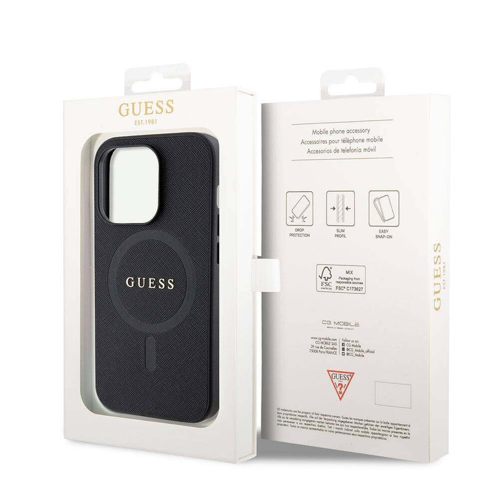 Apple iPhone 15 Pro Case Guess Original Licensed M-safe Charging Feature Saffiano Cover Black with Text Logo