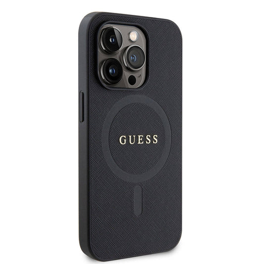 Apple iPhone 15 Pro Case Guess Original Licensed M-safe Charging Feature Saffiano Cover Black with Text Logo