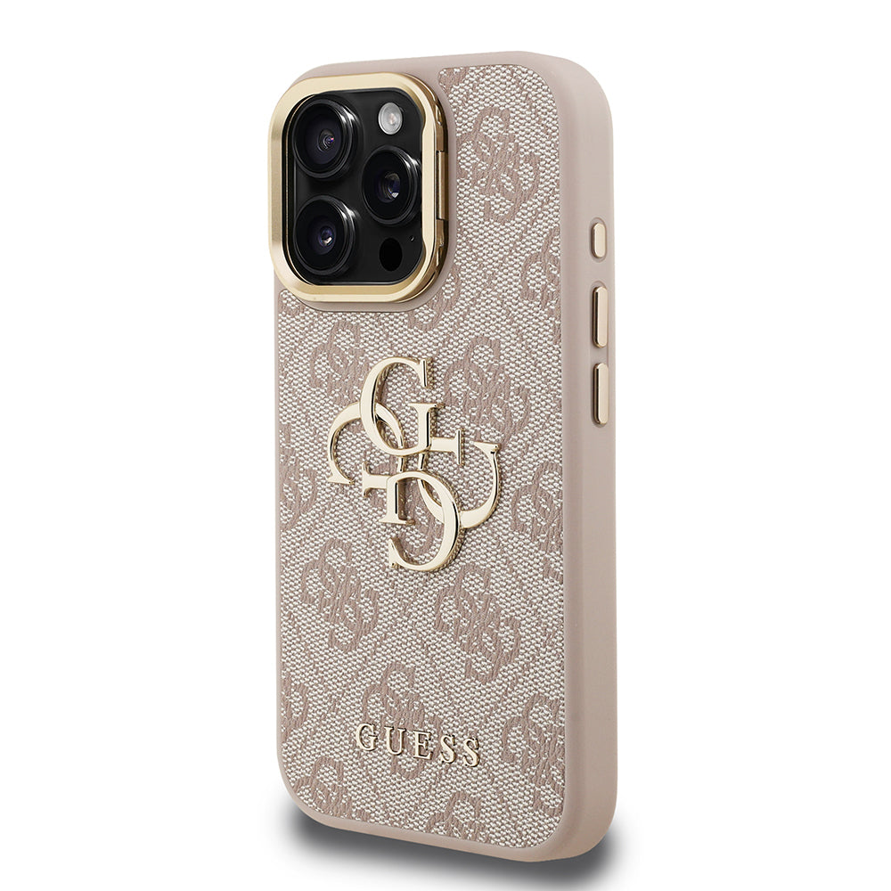Apple iPhone 15 Pro Kılıf Guess Orjinal Lisanslı PU Deri 4G Desenli Metal Büyük 4G ve Yazı Logolu Kamera Standlı Kapak Kahverengi