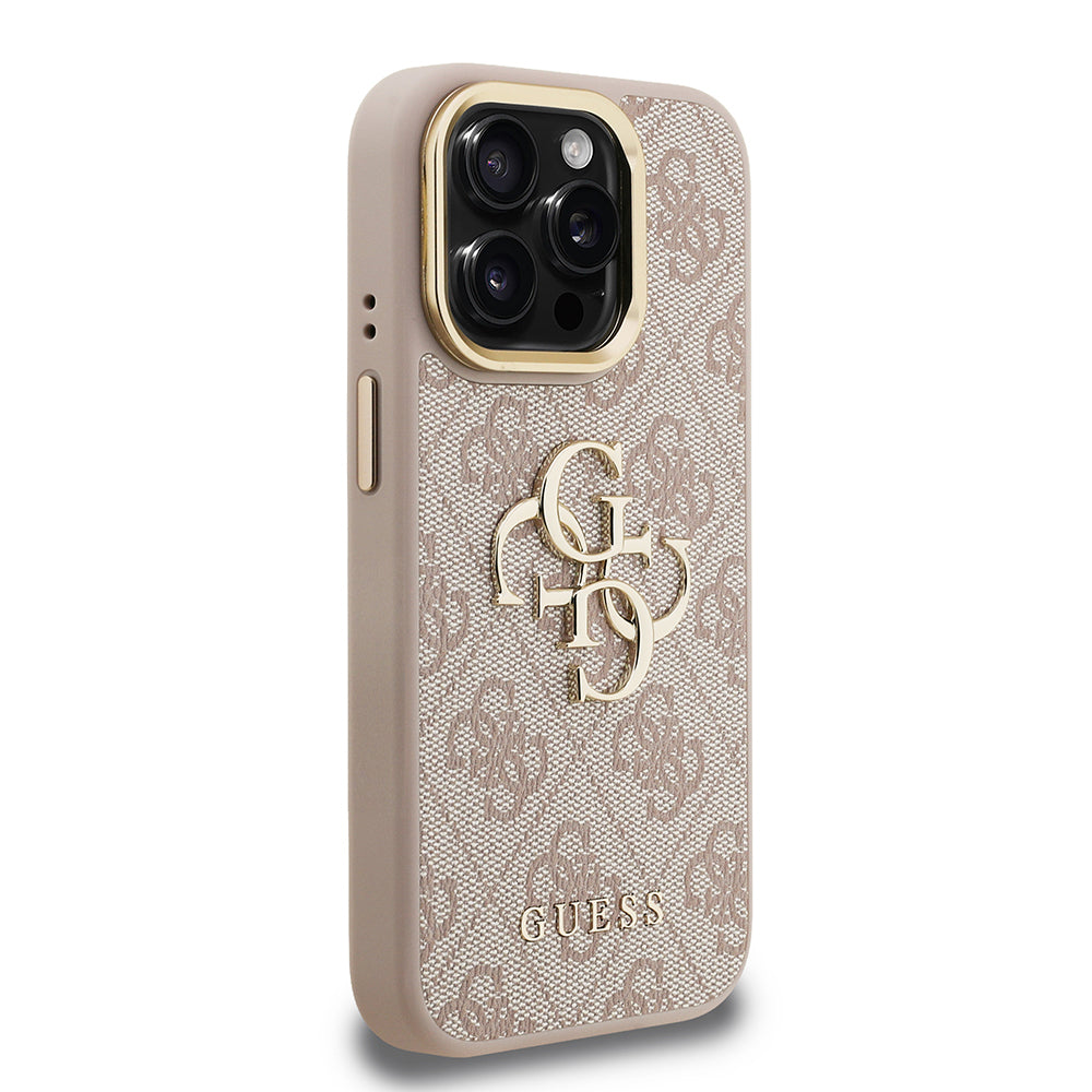 Apple iPhone 15 Pro Kılıf Guess Orjinal Lisanslı PU Deri 4G Desenli Metal Büyük 4G ve Yazı Logolu Kamera Standlı Kapak Kahverengi