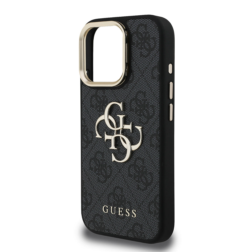 Apple iPhone 15 Pro Kılıf Guess Orjinal Lisanslı PU Deri 4G Desenli Metal Büyük 4G ve Yazı Logolu Kamera Standlı Kapak Kahverengi