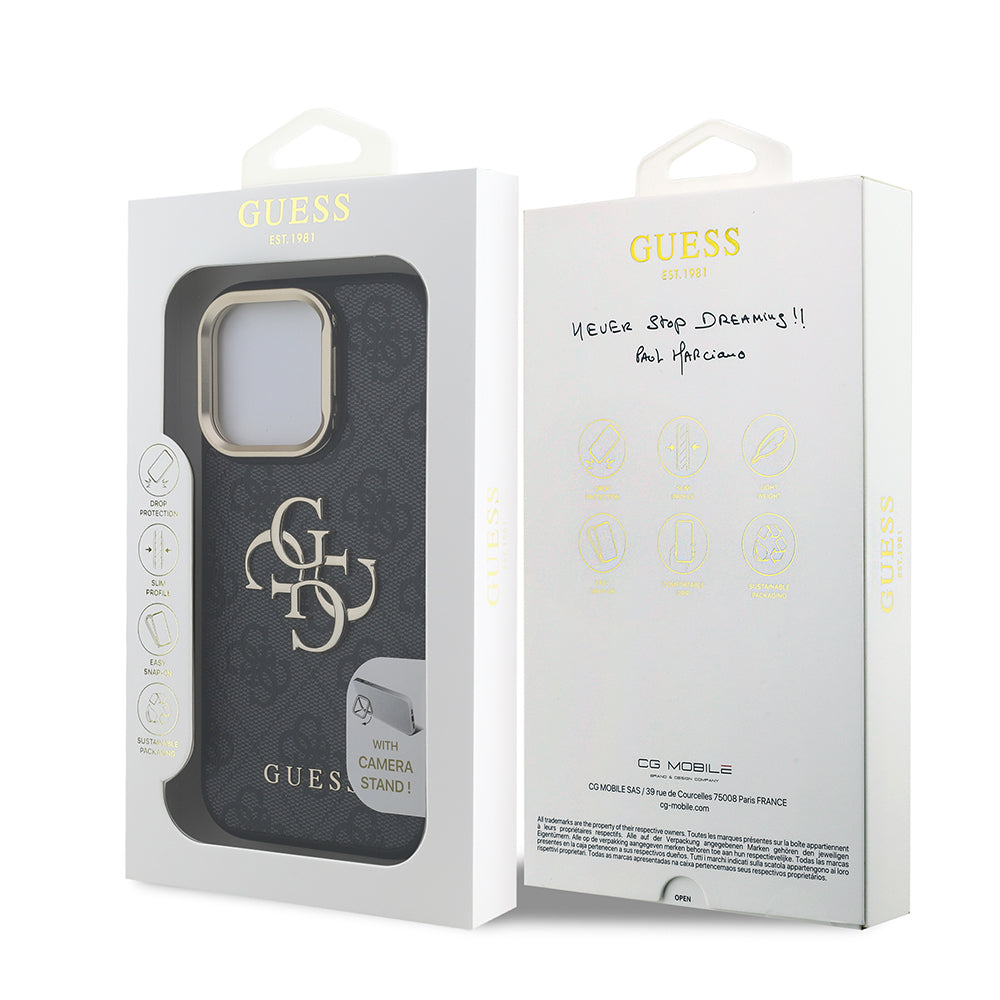 Apple iPhone 15 Pro Kılıf Guess Orjinal Lisanslı PU Deri 4G Desenli Metal Büyük 4G ve Yazı Logolu Kamera Standlı Kapak Pembe