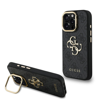 Apple iPhone 15 Pro Kılıf Guess Orjinal Lisanslı PU Deri 4G Desenli Metal Büyük 4G ve Yazı Logolu Kamera Standlı Kapak Siyah
