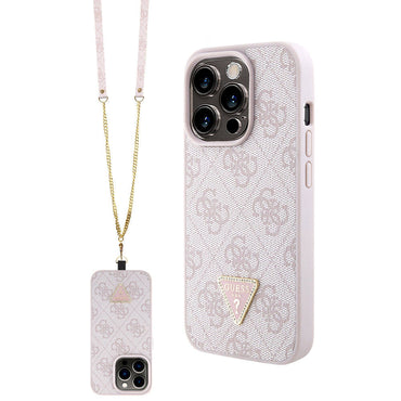 Apple iPhone 15 Pro Case Guess Original Licensed PU Leather Strap Stone Triangle Logo 4G Patterned Strass Crossbody Cover Brown