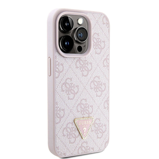 Apple iPhone 15 Pro Case Guess Original Licensed PU Leather Strap Stone Triangle Logo 4G Patterned Strass Crossbody Cover Pink