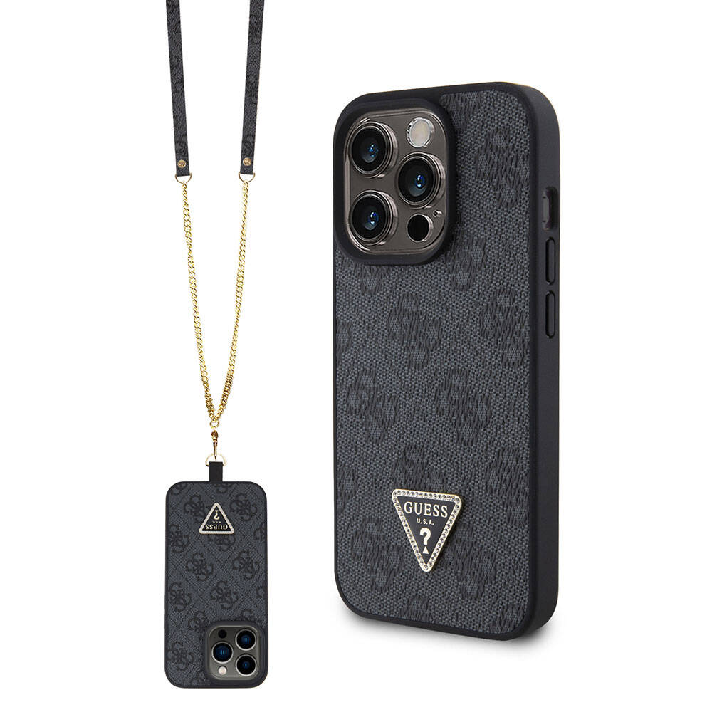 Apple iPhone 15 Pro Case Guess Original Licensed PU Leather Strap Stone Triangle Logo 4G Patterned Strass Crossbody Cover Brown