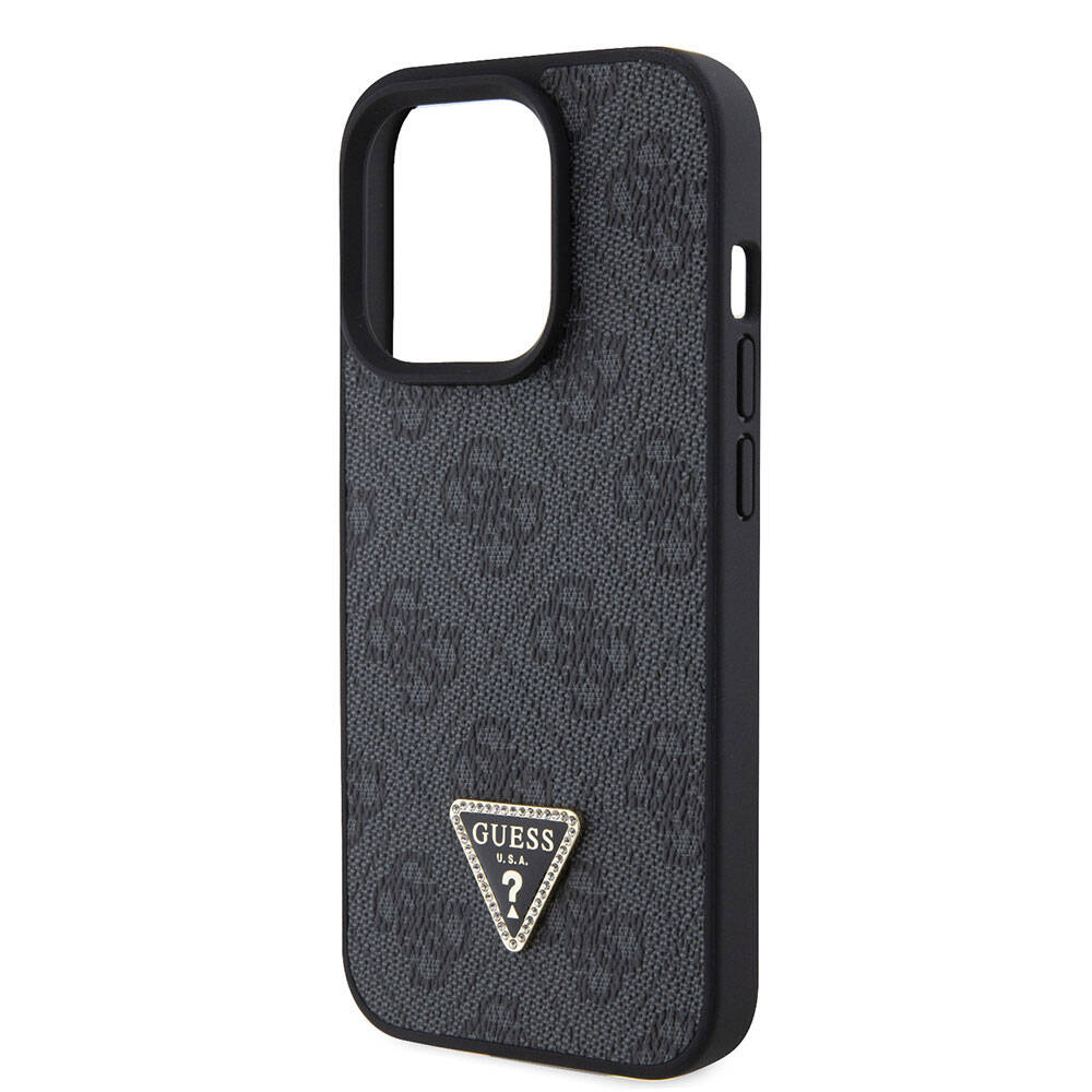 Apple iPhone 15 Pro Case Guess Original Licensed PU Leather Strap Stone Triangle Logo 4G Patterned Strass Crossbody Cover Black