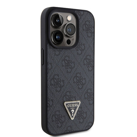 Apple iPhone 15 Pro Case Guess Original Licensed PU Leather Strap Stone Triangle Logo 4G Patterned Strass Crossbody Cover Black