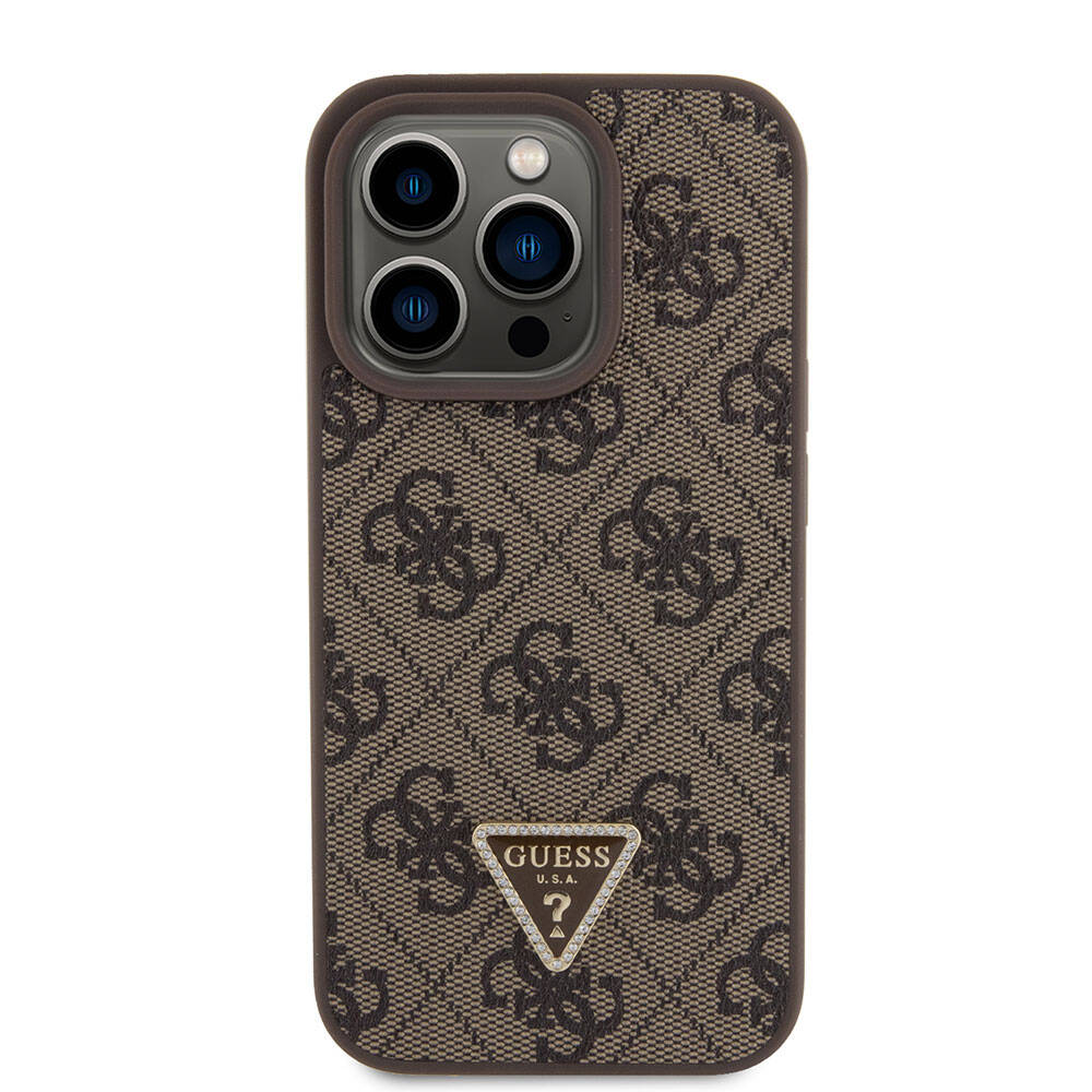 Apple iPhone 15 Pro Case Guess Original Licensed PU Leather Strap Stone Triangle Logo 4G Patterned Strass Crossbody Cover Brown