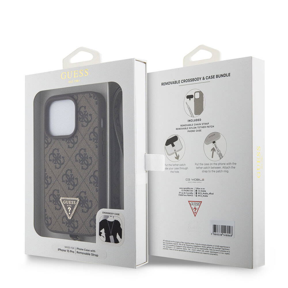 Apple iPhone 15 Pro Case Guess Original Licensed PU Leather Strap Stone Triangle Logo 4G Patterned Strass Crossbody Cover Brown