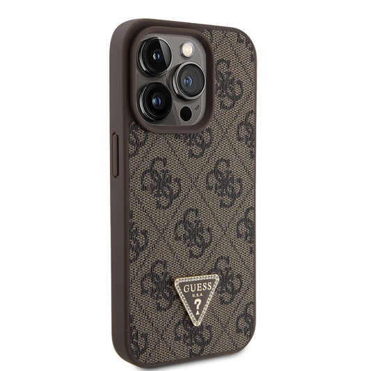 Apple iPhone 15 Pro Case Guess Original Licensed PU Leather Strap Stone Triangle Logo 4G Patterned Strass Crossbody Cover Brown