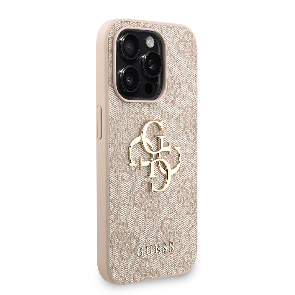 Apple iPhone 15 Pro Kılıf Guess Orjinal Lisanslı PU Deri Bilek Askı İpli Metal Büyük 4G ve Yazı Logolu Kapak Pembe