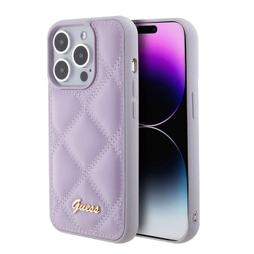 Apple iPhone 15 Pro Case Guess Original Licensed PU Leather Quilted Cover with Metal Lettering Logo Black
