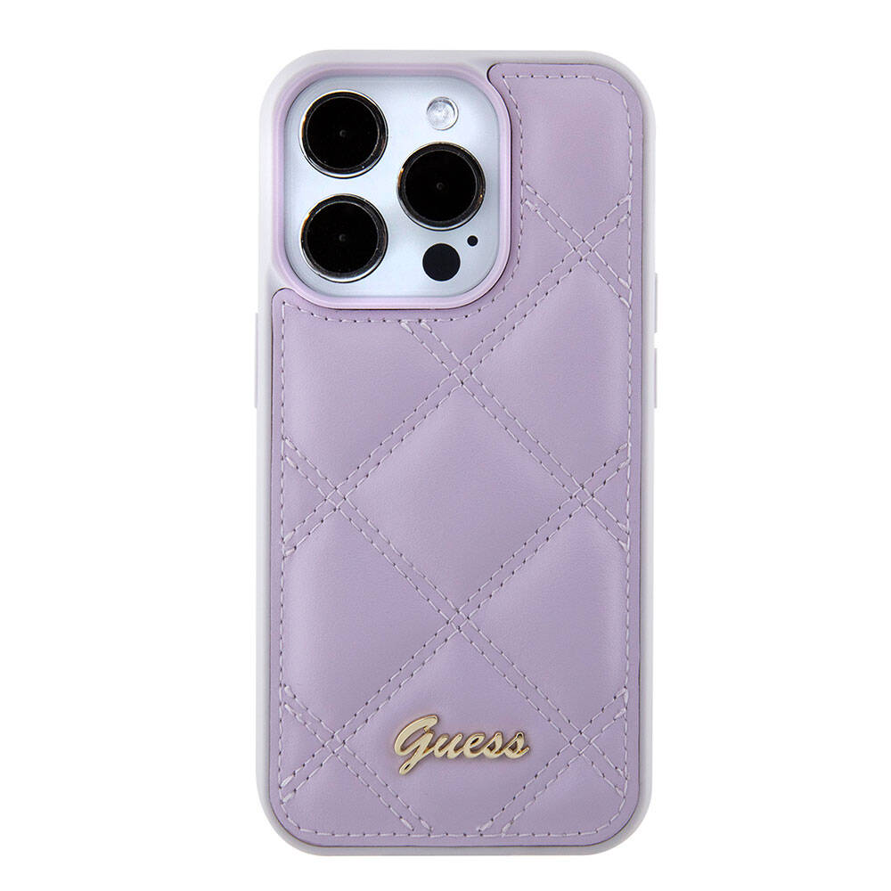 Apple iPhone 15 Pro Case Guess Original Licensed PU Leather Quilted Cover with Metal Lettering Logo Black