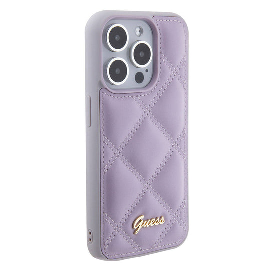 Apple iPhone 15 Pro Case Guess Original Licensed PU Leather Quilted Cover with Metal Lettering Logo Light Purple