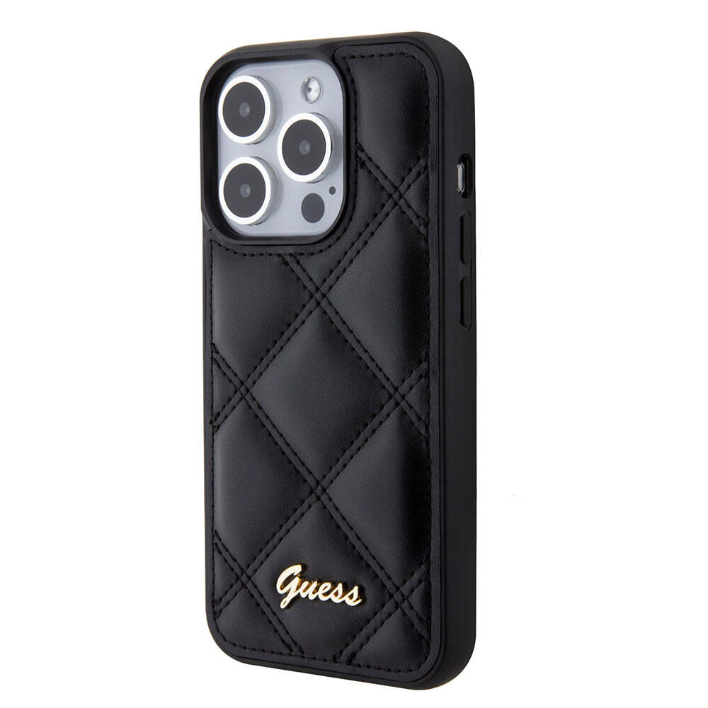 Apple iPhone 15 Pro Case Guess Original Licensed PU Leather Quilted Cover with Metal Lettering Logo Black
