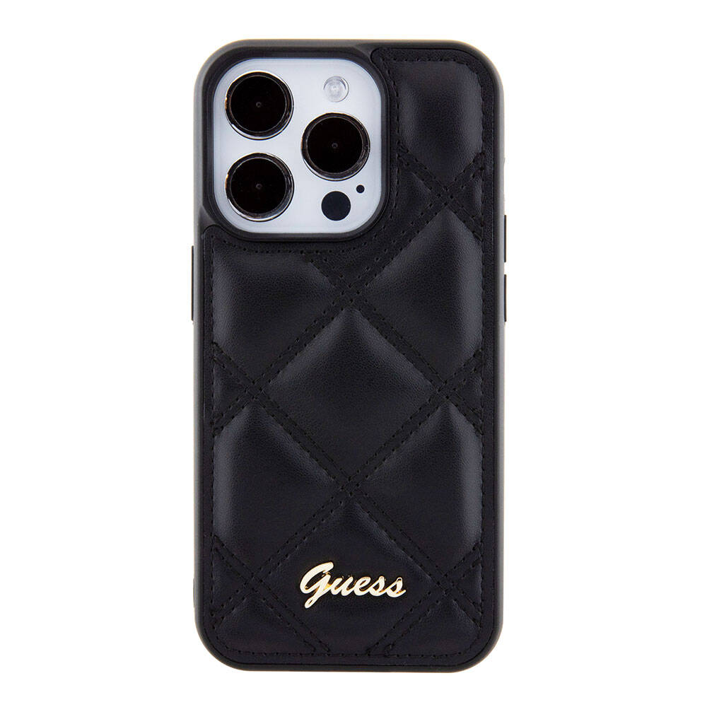 Apple iPhone 15 Pro Case Guess Original Licensed PU Leather Quilted Cover with Metal Lettering Logo Black