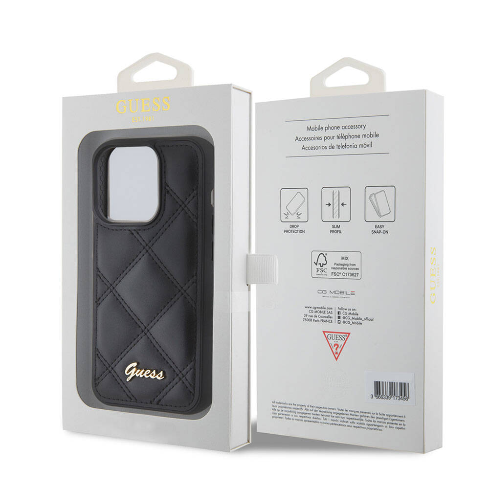 Apple iPhone 15 Pro Case Guess Original Licensed PU Leather Quilted Cover with Metal Lettering Logo Black