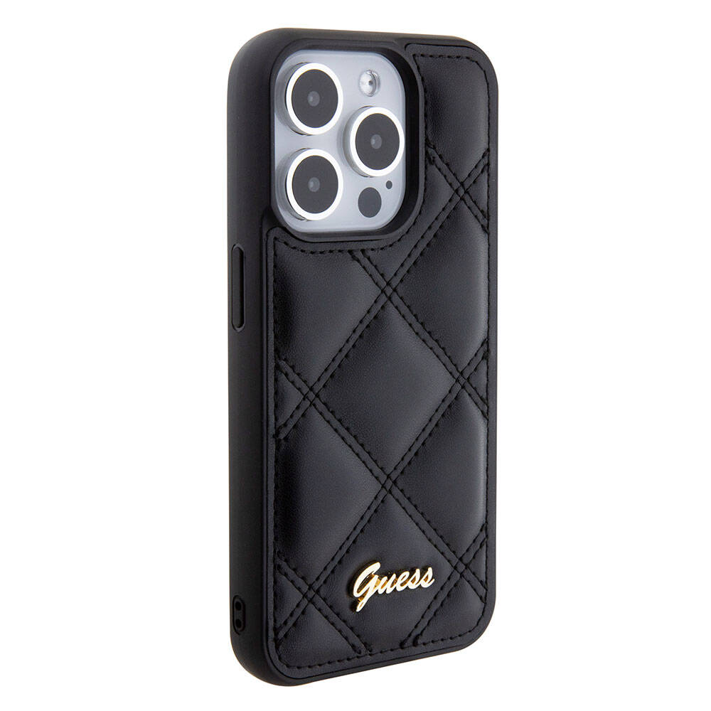 Apple iPhone 15 Pro Case Guess Original Licensed PU Leather Quilted Cover with Metal Lettering Logo Black