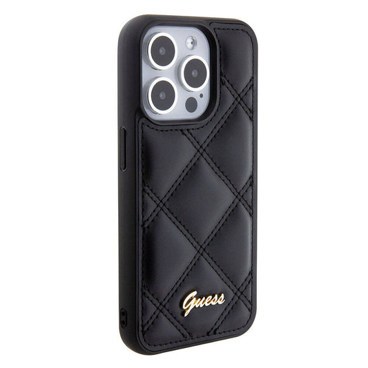 Apple iPhone 15 Pro Case Guess Original Licensed PU Leather Quilted Cover with Metal Lettering Logo Black