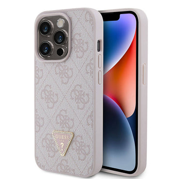 Apple iPhone 15 Pro Case Guess Original Licensed PU Leather Stone Triangle Logo 4G Patterned Strass Cover Brown