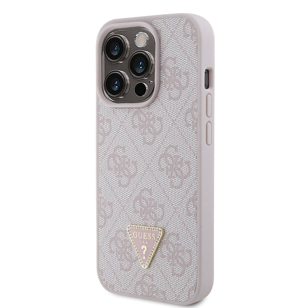 Apple iPhone 15 Pro Case Guess Original Licensed PU Leather Stone Triangle Logo 4G Patterned Strass Cover Brown